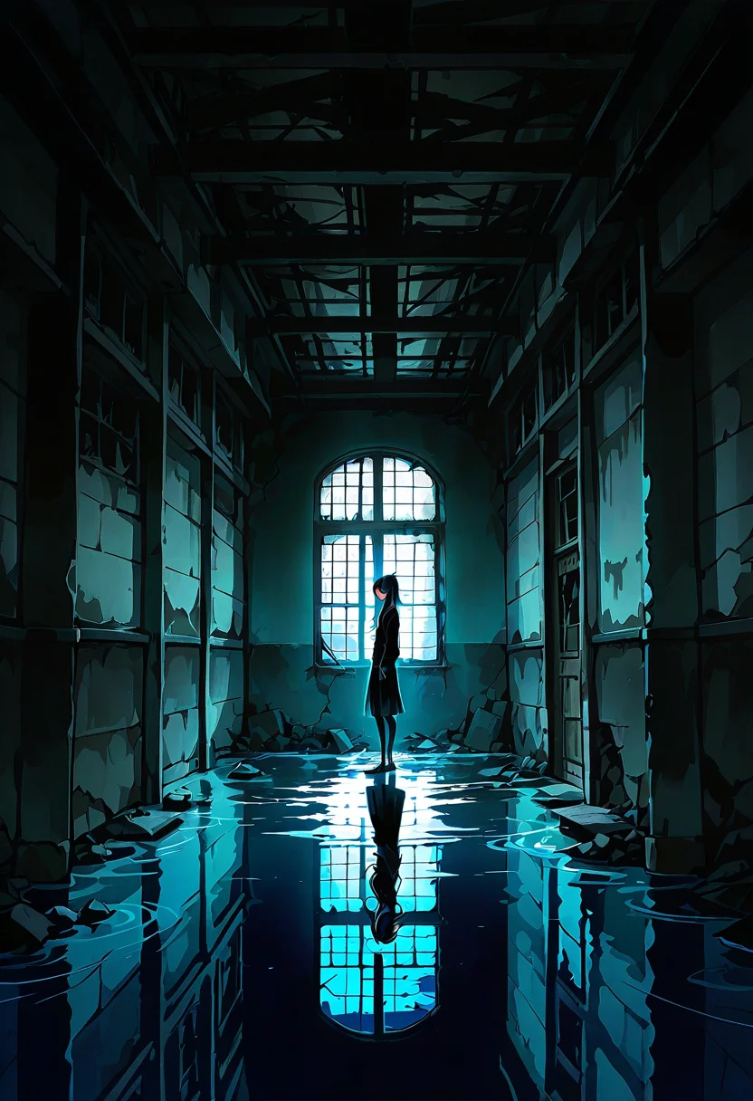 1girl,solo,looking at viewer, ikeda ruriko,abandoned, window, reflection, indoors, dark, water, scenery, ruins,