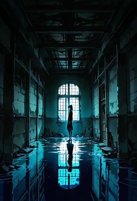 1girl,solo,looking at viewer, ikeda ruriko,abandoned, window, reflection, indoors, dark, water, scenery, ruins,