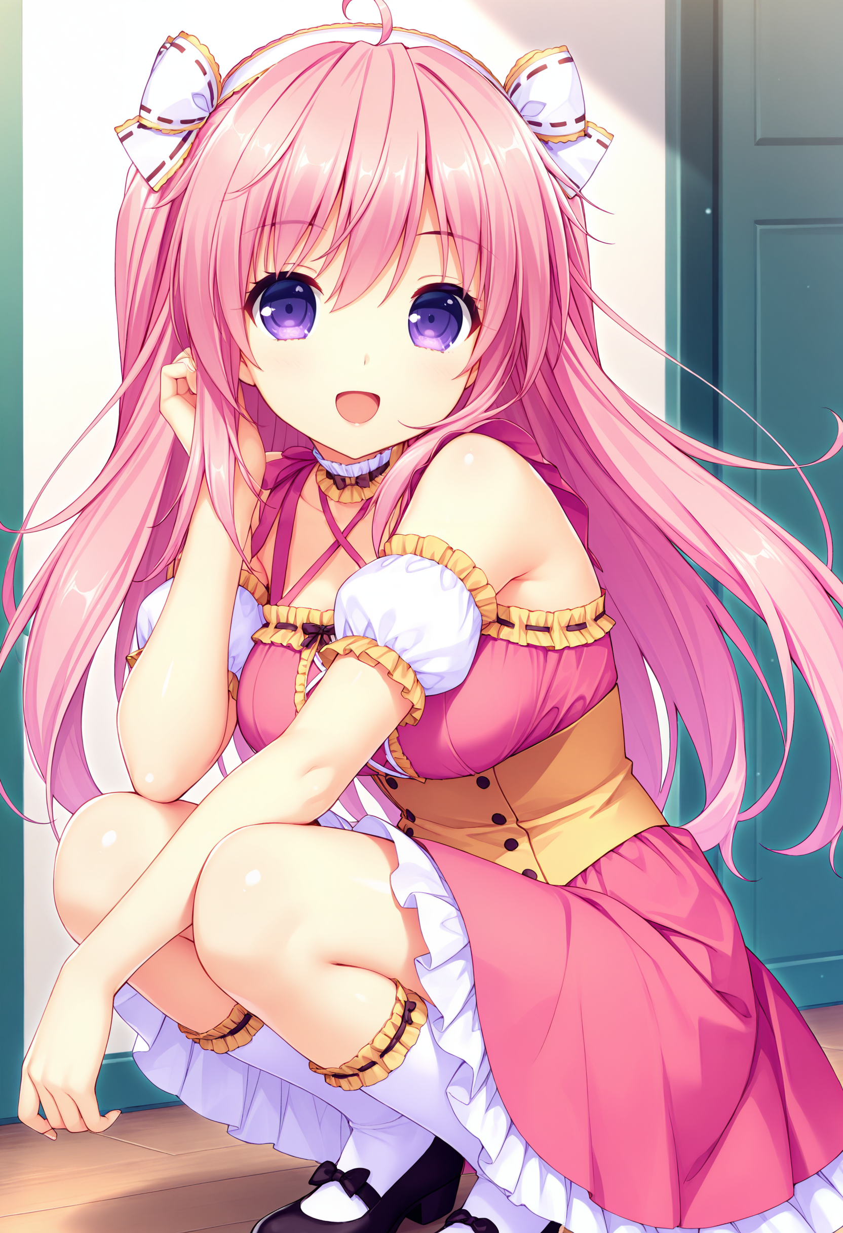 Kiritani Riria,KIRITANI,1girl,solo,open mouth,smile,looking at viewer,hairband,hair bow,squatting,
pink hair,long hair,purple eyes,kneehighs,ahoge,smile,yellow frills,yellow corset,pink dress,black footwear,<lora:Riria7_Illustrious+noobai-000007:1>,