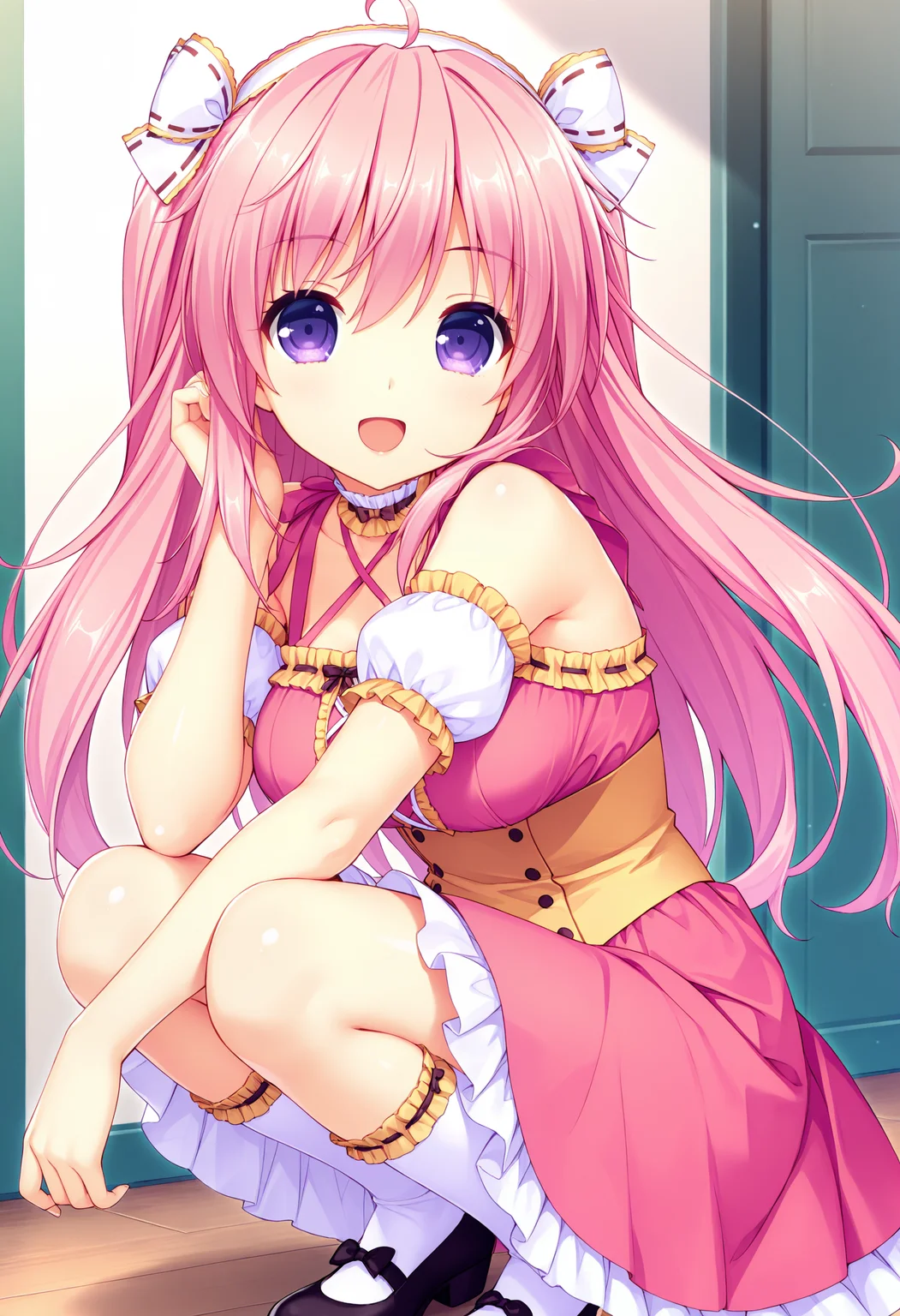 Kiritani Riria,KIRITANI,1girl,solo,open mouth,smile,looking at viewer,hairband,hair bow,squatting,
pink hair,long hair,purple eyes,kneehighs,ahoge,smile,yellow frills,yellow corset,pink dress,black footwear,<lora:Riria7_Illustrious+noobai-000007:1>,