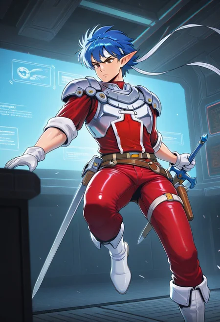 masterpiece, best quality, amazing quality, ARTHIL, 1boy, male focus, brown eyes, with elf ears, blue hair, long white headband, silver shoulder armor, shiny armor, white breastplate, red shirt, sleeves rolled up, red jeans, holster belt, white gloves, white boots, action pose, sword, sci-fi background, solo, indoors