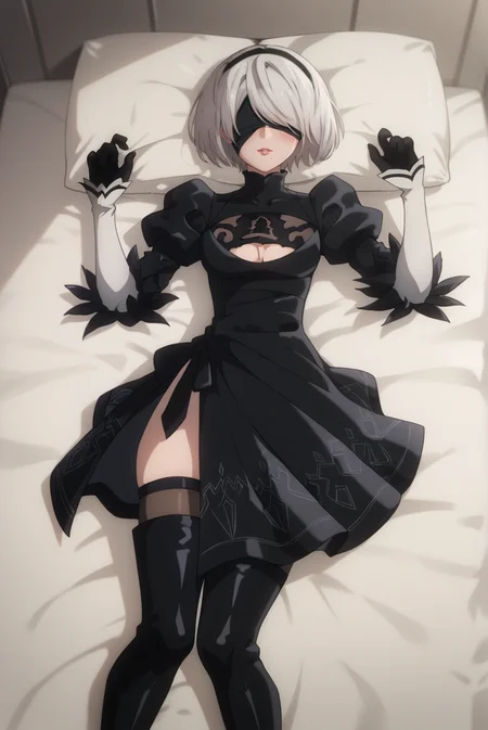 score_9, score_8_up, score_7_up, score_6_up, score_5_up, score_4_up, BREAK source_anime, 1girl, solo,
<lora:2BXL-v2-07:0.8>, Chopio2B, short hair, white hair, bob cut, black hairband, mole under mouth, blindfold, covered eyes, looking at viewer,
medium breasts, pink lips,
outfit_1, black dress, cleavage cutout, juliet sleeves, feather-trimmed sleeves, layered sleeves, black gloves, black stockings, black footwear, thigh boots, high heel boots,
bedroom, bed, bed sheet, pillow, on bed, on back, from above, seductive smile, blush, parted lips,