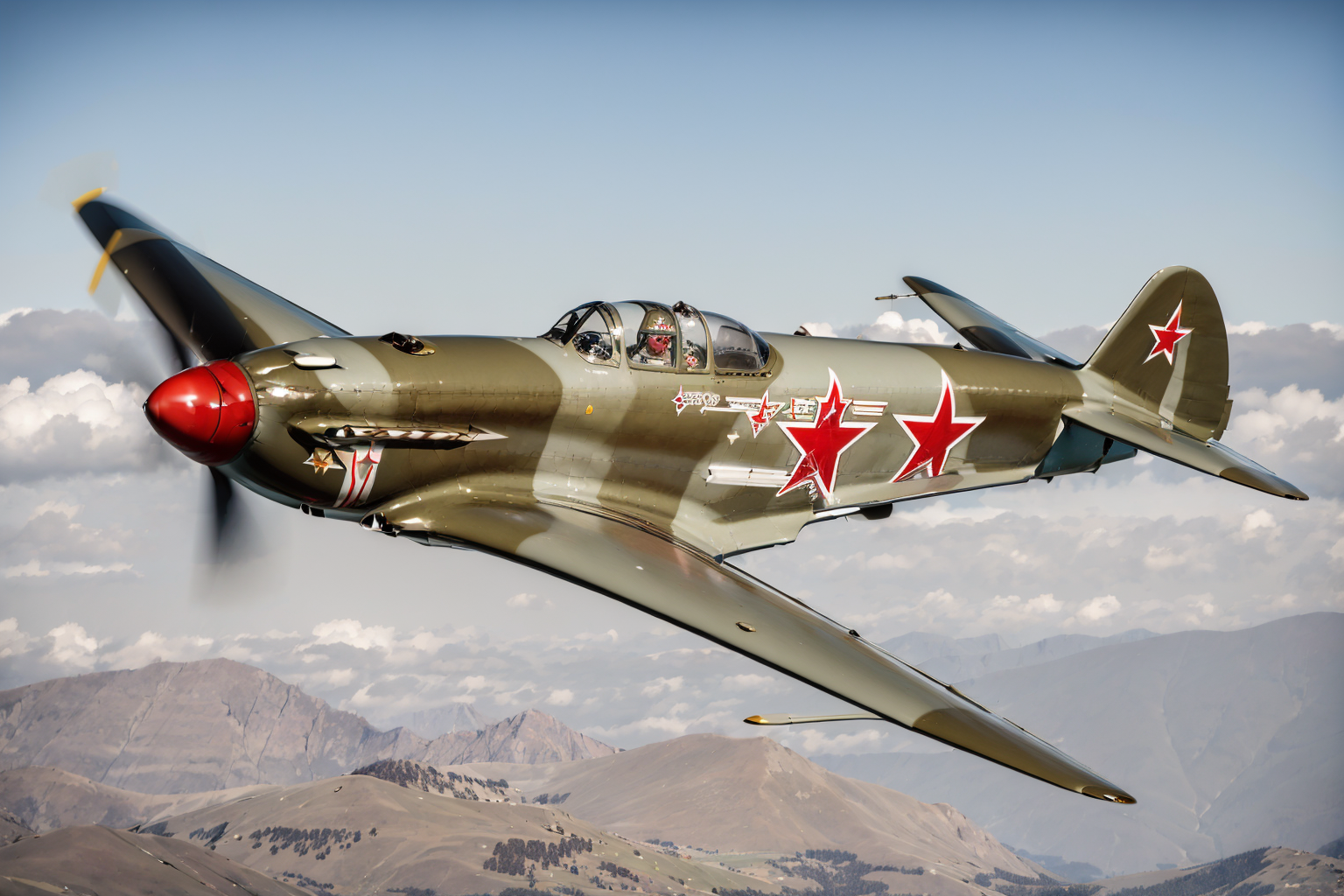(masterpiece, best quality:1.2), ultra-detailed, flying Yak9, (realistic:1.5), <lora:EdobYak9_v1.0:1>
