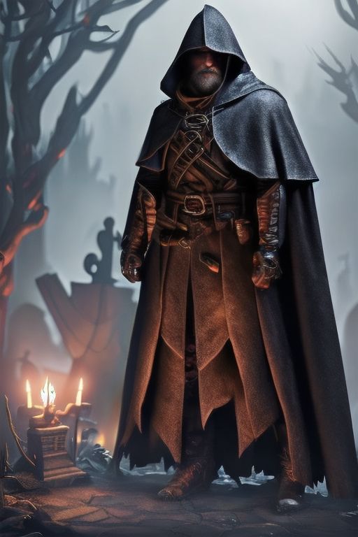 (masterpiece:1.2), (best quality,:1.2), 8k, HDR, ultra detailed, ((photorealistic)), professional light, cinematic lighting, fashion photography, ambient lighting, atmospheric effects, <lora:detail_slider_v4:2>, <lora:zoom_slider_v1:1.5>, a male WitchHunter, beard, coat, belt, cape, hat, <lora:WitchHunter-10:1>, in a sinister graveyard,  <lora:Darkness:0.3> Darkness, epiCPhoto