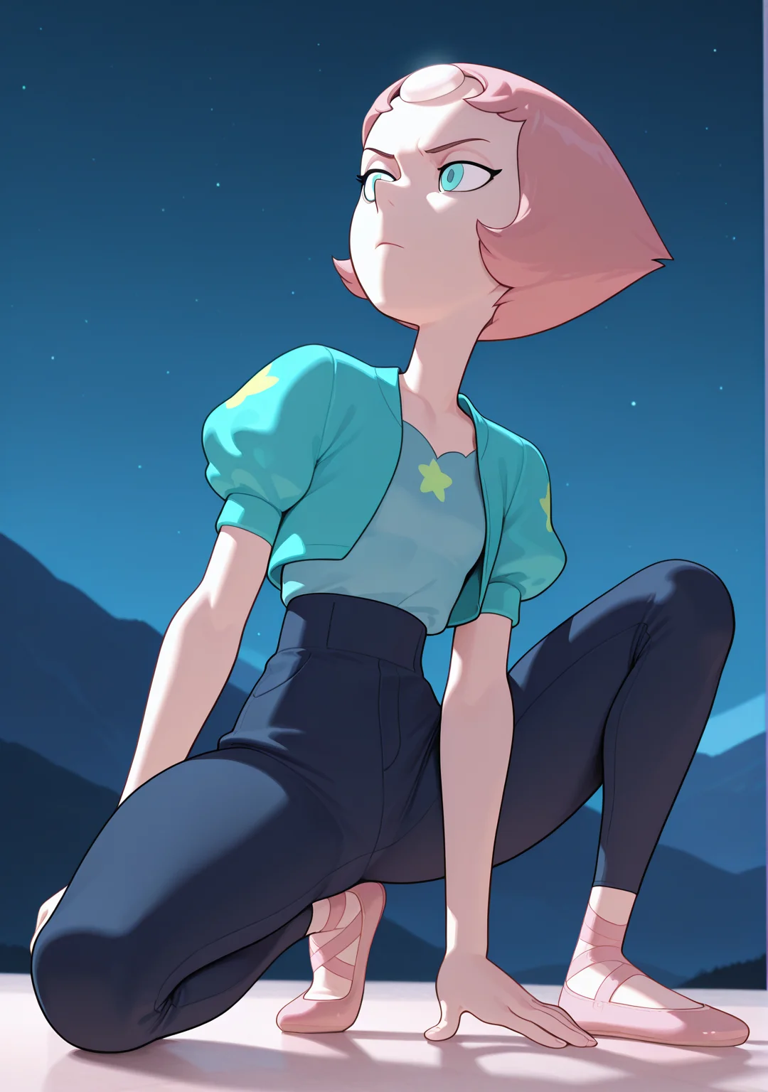 masterpiece, best quality, absurdres, amazing quality, 1girl, solo, small breasts, <lora:IlluPearl:0.9> illupearl, short hair, pink hair, blue eyes, aqua cropped jacket, dark blue shirt, shirt tucked in, dark blue pants, puffy short sleeves, pink footwear, serious, on one knee, mountain, ballet slippers, night,