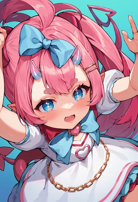 score_9, score_8_up, score_7_up, uncensored, source_anime, 1girl, <lora:spchibidokiXLPony:1> chibidokidef, pink hair, bow, thick eyebrows, horns, tail, blue bow, bow, dress, hair bow, hair ornament, puffy short sleeves, puffy sleeves, short sleeves, white dress, wide sleeves