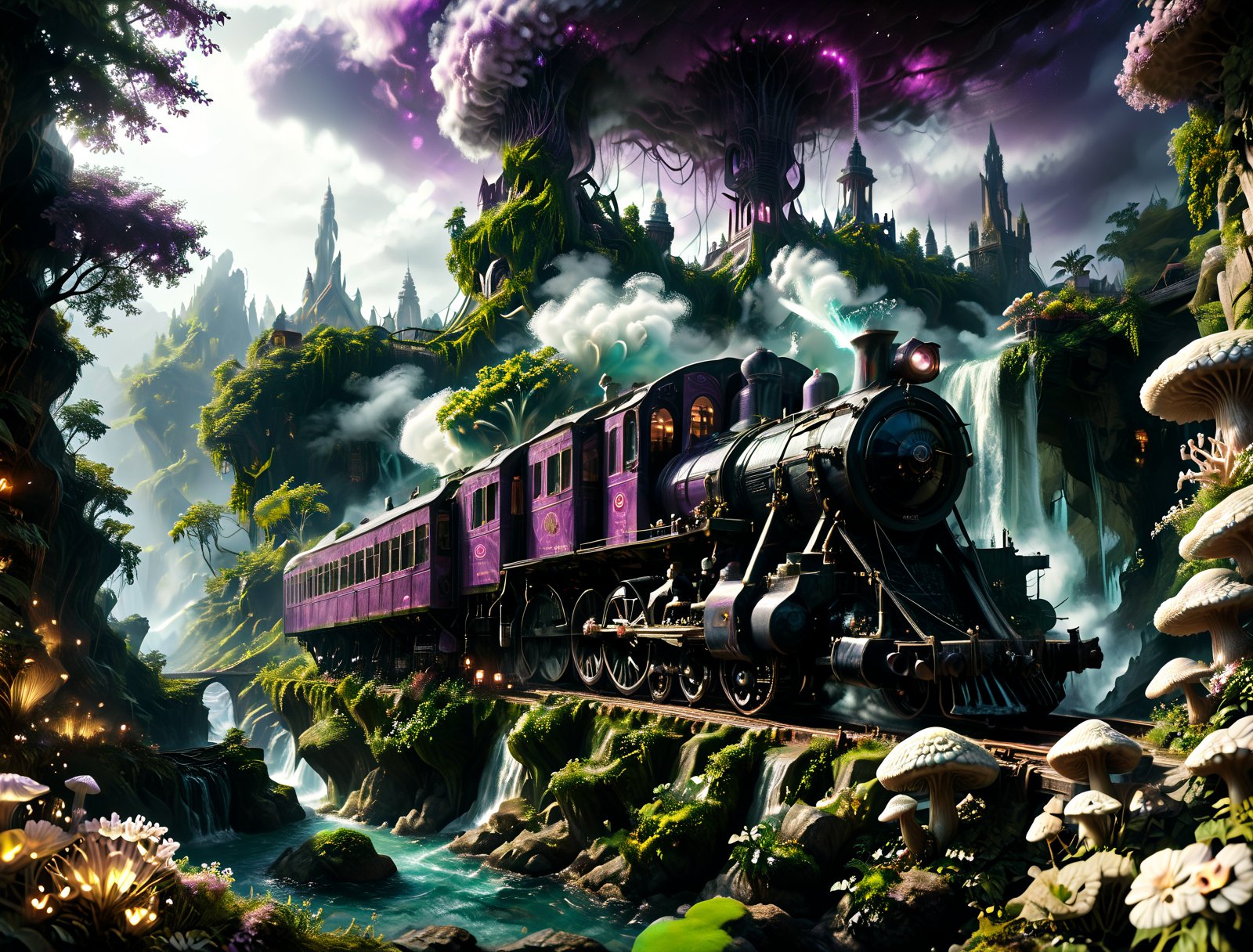 a hyper-realistic photograph of a vintage steam locomotive rides on rails on a bridge and blows smoke from a steam pipe near the (((serpentine tower))) piercing the sky on a mist-shrouded, alien world, surrounded by a lush, dense emerald forest teeming with life. Incorporate intricate scales on the tentacles, vibrant colors of the flora, and a subtle, creepy glow emanating from the tower. (((Corals))) and (((sea sponges))) grow between ((twisted creepy trees)) and the (((bushes of tentacles with eyes))) and ((huge twisted wispy dark mushrooms)) and (((strange plants with many eyes))). Clouds of fog are spreading across the ground, ((blue sparkling fireflies)) are flying in the fog over the stream. Capture the late evening atmosphere with a setting emerald sun casting a warm, emerald light, and a few wispy galaxies scattered across the deep purple sky. Add a touch of mystery by including faint, starry constellations and a distant nebula. The long shot perspective should emphasize the tower's ominous presence, making this image a haunting addition to any dark fantasy or horror concept art collection. 16k, scenery, (long shot:1.5),
<lora:000_detailed_notrigger:1>
<lora:sinfully_stylish_SDKL:1> sinfully, dark dramatic lighting, shadows,
<lora:DonM3t3rn1tyXL-v1.1:0.51> DonM3t3rn1tyXL,
<lora:zavy-ndrwtr-sdxl:0.15> zavy-ndrwtr, (((Corals))), (((sea sponges))),
<lora:Pandora Land XL:0.75> PandoraLnd
<lora:MJ52:0.8> detailed, realistic, photo, cinematic, photography,
<lora:SDXLFaeTastic2400:1> realistic,
<lora:DetailMaximizer:0.72> photo, detailmaximizer,
 <lora:Steam_Engine_Train_-_Locomotive:0.45> steam engine train, locomotive, smokestack, railroad tracks, smoke, 
score_9, score_8_up, score_7_up, insanely detailed, (detailed body), (high detailed), better color correction, bright color correction, improved light, beautifull, (Ultraealistic), (cinematic quality:1.5), 16k, best quality, cinematic realism, ultra detailed cinematic style, human view, high-quality, best quality, cinematic realism, <lora:MidjourneyV6.1:0.7> midjourneyv6.1,