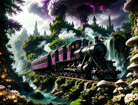 a hyper-realistic photograph of a vintage steam locomotive rides on rails on a bridge and blows smoke from a steam pipe near the (((serpentine tower))) piercing the sky on a mist-shrouded, alien world, surrounded by a lush, dense emerald forest teeming with life. Incorporate intricate scales on the tentacles, vibrant colors of the flora, and a subtle, creepy glow emanating from the tower. (((Corals))) and (((sea sponges))) grow between ((twisted creepy trees)) and the (((bushes of tentacles with eyes))) and ((huge twisted wispy dark mushrooms)) and (((strange plants with many eyes))). Clouds of fog are spreading across the ground, ((blue sparkling fireflies)) are flying in the fog over the stream. Capture the late evening atmosphere with a setting emerald sun casting a warm, emerald light, and a few wispy galaxies scattered across the deep purple sky. Add a touch of mystery by including faint, starry constellations and a distant nebula. The long shot perspective should emphasize the tower's ominous presence, making this image a haunting addition to any dark fantasy or horror concept art collection. 16k, scenery, (long shot:1.5),
<lora:000_detailed_notrigger:1>
<lora:sinfully_stylish_SDKL:1> sinfully, dark dramatic lighting, shadows,
<lora:DonM3t3rn1tyXL-v1.1:0.51> DonM3t3rn1tyXL,
<lora:zavy-ndrwtr-sdxl:0.15> zavy-ndrwtr, (((Corals))), (((sea sponges))),
<lora:Pandora Land XL:0.75> PandoraLnd
<lora:MJ52:0.8> detailed, realistic, photo, cinematic, photography,
<lora:SDXLFaeTastic2400:1> realistic,
<lora:DetailMaximizer:0.72> photo, detailmaximizer,
 <lora:Steam_Engine_Train_-_Locomotive:0.45> steam engine train, locomotive, smokestack, railroad tracks, smoke, 
score_9, score_8_up, score_7_up, insanely detailed, (detailed body), (high detailed), better color correction, bright color correction, improved light, beautifull, (Ultraealistic), (cinematic quality:1.5), 16k, best quality, cinematic realism, ultra detailed cinematic style, human view, high-quality, best quality, cinematic realism, <lora:MidjourneyV6.1:0.7> midjourneyv6.1,
