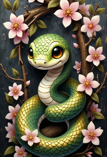 bo-snake, a oil paint on canvas of a world of mystical anime snake, dark fantasy, A golden dark green stylized snake, with small, round, expressive eyes that seem to sparkle with curiosity, curls gently amongst a cascade of delicate, painterly cherry blossoms. The blossoms, a soft blend of blush pink and pure white, are rendered with overlapping petals that suggest a touch of impressionism, creating a dreamy, almost ethereal depth. Their soft, fluffy texture contrasts beautifully with the smooth, slightly glossy scales of the snake, exhibiting a subtle, repeating pattern of marigold gold and pale cream that mimics the light filtering through. The snakeâs pose is relaxed and playful, seemingly enjoying the embrace of the flowering branches. A gentle, diffused, natural light, similar to a spring morning bathed in filtered sunlight, bathes the scene in a soft luminosity. The air feels cool and sweet, carrying the faint, heady aroma of blossoming cherry trees. This entire miniature world is reminiscent of a Japanese garden scene, evoking a feeling of peace and gentle joy., the background features layers of asia glitch art, fragmented texts, and snake skin textures. contrasting against the monochromatic tones of black, grey, and hints of silver gold. Smudged paint and scratches add a sense of decay and asia technology.<lora:boFLUX Year of the Snake.safetensors:1.0:1.0>
