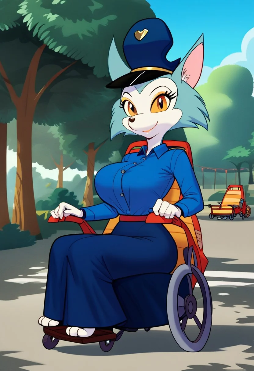 score_10 , score_9_up, score_8_up, score_7_up , score_6_up, source_furry, source_cartoon , vector , flat colors ,
<lora:Carmen_Fox_Patrol_03:1.2> ,
1girl , solo , carmen_patrol_03, carmen_fox, blue fox, fox girl, furry, yellow eyes , huge breasts , curvy , thicc , cute ,, detailed face , smiling ,, Police uniform , blue hat , mini skirt ,
looking at viewer, detailed background , outdoors , tree , cinematic composition , dynamic pose , sitting, Wheelchair ,