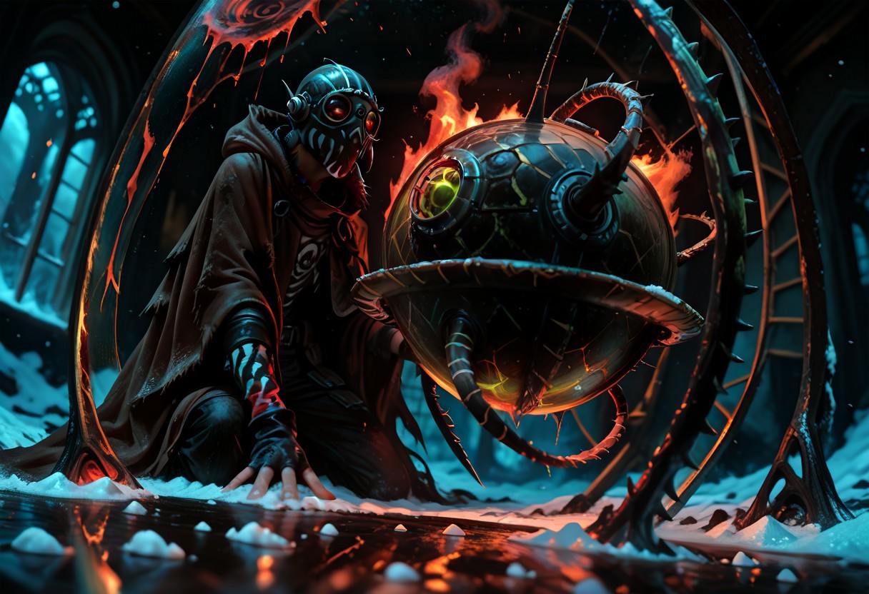 masterwork, masterpiece, best quality, wide angle, scene, depth of field, high detail, deep colour, high contrast, highly detailed, epic cinematic concept art, (octane render:1.6), (3d shading:1.6),  dynamic lighting, (Dreamlike surrealist painting:1.8),
(the world is burning (inside a glass sphere:1.9) :1.5), watched by a demon, surreal female demon, red eyes, swirling cloak turning into threatening clouds,
snow, glowing footprints, burning tears scorch the land, eldritch, horror, gdv2-illu,