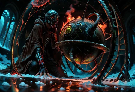 masterwork, masterpiece, best quality, wide angle, scene, depth of field, high detail, deep colour, high contrast, highly detailed, epic cinematic concept art, (octane render:1.6), (3d shading:1.6), dynamic lighting, (Dreamlike surrealist painting:1.8),
(the world is burning (inside a glass sphere:1.9) :1.5), watched by a demon, surreal female demon, red eyes, swirling cloak turning into threatening clouds,
snow, glowing footprints, burning tears scorch the land, eldritch, horror, gdv2-illu,