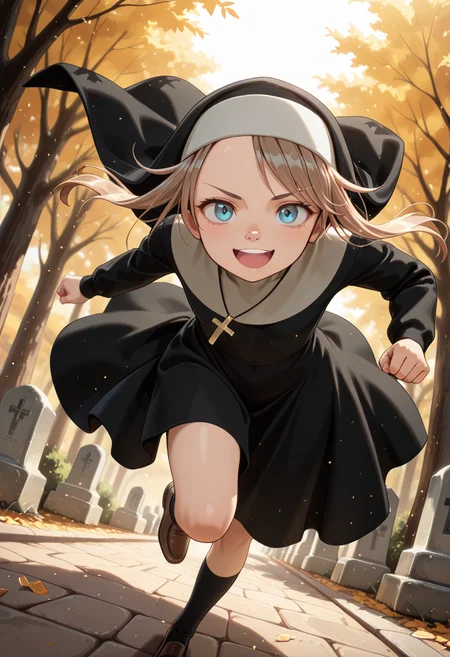 masterpiece, best quality, 32k, high resolution, absurdres 
1girl, solo, Gardie, brown hair, blue eyes
habit, nun , nun dress, cross necklace,
dynamic pose, running, jumping over graves. smiling, open mouth, towards viewer, moving lines, blurry background
outdoors, graveyard, old graves, old tombstones, old church in the background, autumn, falling leaves, windy
light particles, dynamic angle,  cinematic angle, various angles, detailed background, beautiful background, (rays light:1.0),(grow:1.0) vivid colors, shiny and glossy, anime style, high-res, beautiful aesthetic, very intricate, high-quality details, vibrant, 
<lora:add-detail-xl:1.10> <lora:spo_sdxl_10ep_4k-data_lora_webui:0.95> <lora:noobai_ep11_stabilizer_v0.138_fp16:0.6> <lora:StS-Illustrious-Detail-Slider-v1.0:1.10> <lora:cfg_scale_boost:0.95> <lora:nyalia:0.20>   <lora:hildegard_illustrious:0.8>