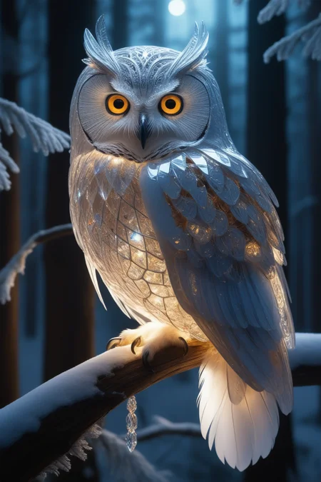high quality,masterpiece,ultra-high resolution,incredible composition,extremely detailed, <lora:mo:0.5>, A crystalized owl, perched on a branch, with sharp, geometric feathers and translucent eyes that catch the light. The background is a moonlit forest, with soft shadows and beams of light highlighting the owl's crystal details. The focus is on the intricate design of the crystal feathers and the mysterious atmosphere of the scene.