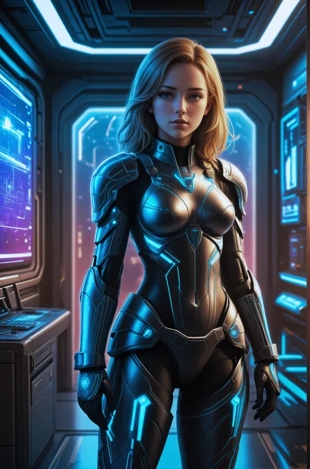 (AnjelikaV2:1.2), 1girl, dark fantasy warrior, neon circuits infused, glowing blue lines, intricate armor, anime-inspired, tech-infused wall, high detail, standing, hands on hips, slightly leaning to one side, relaxed,
Space station interior, expansive window views of galaxies, holographic displays, sleek metallic surfaces