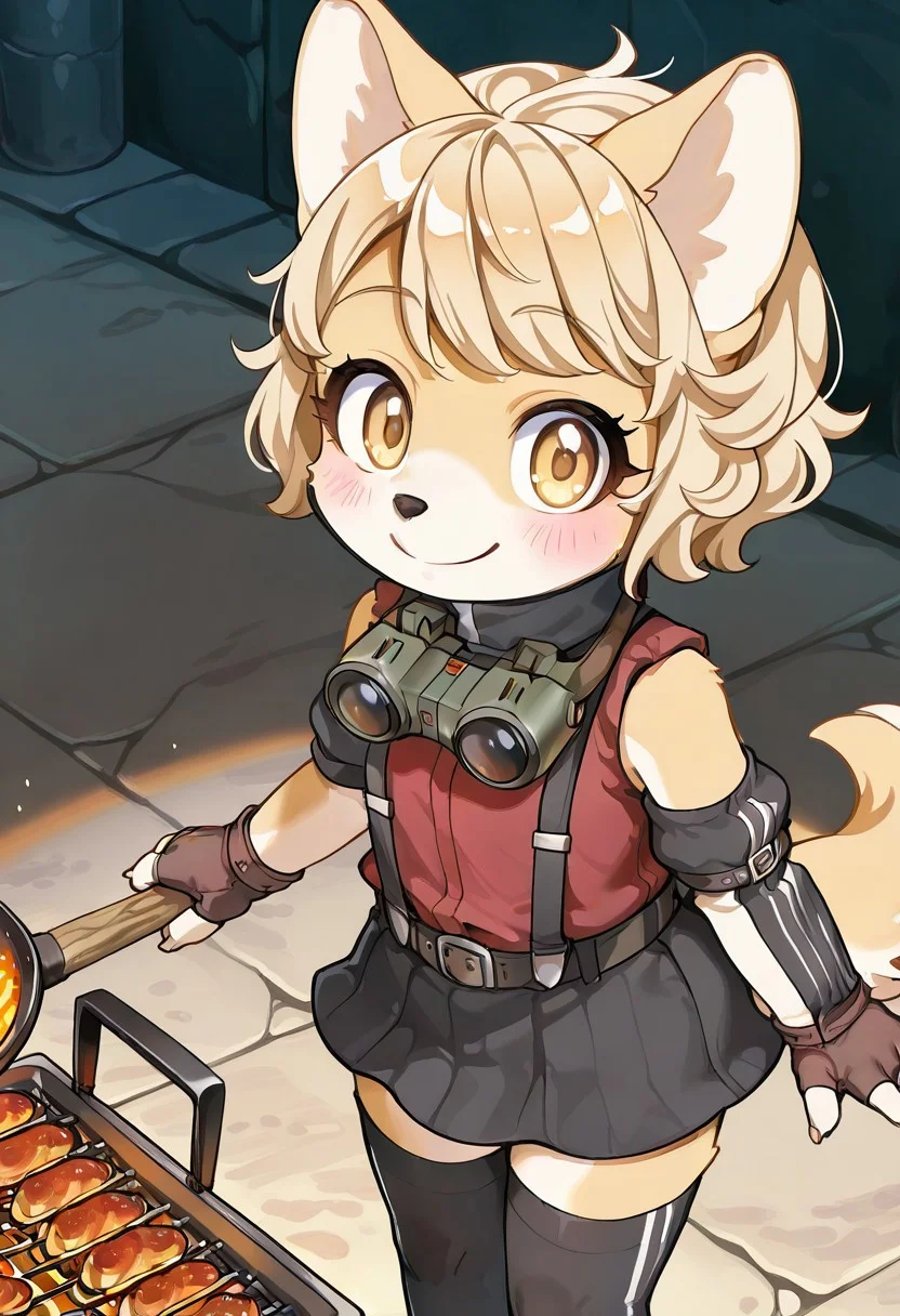 solo. furry,
Chick Montblanc, Fuga: Melodies of Steel, kemono, furry female, 1girl, dog girl, beige fur, white fur, multicolored fur, yellow eyes, blonde hair, animal ears, dog ears, dog tail,
black thighhighs, black skirt, red shirt, suspenders, bare shoulders, black arm sleeves, fingerless gloves, wearing binoculars on neck, black-high-collar, shoes,
looking at viewer, smile, blush, offering grill on a stick,