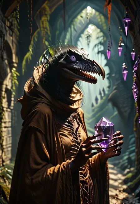 score_9, score_8_up, score_7_up, skeksis, solo, hunchback, claws, no humans, robe, dark body, dark skin, realistic lighting, photo, photorealistic, dark dungeon, upper body, excited expression, (holding purple crystal), laughing hysterically