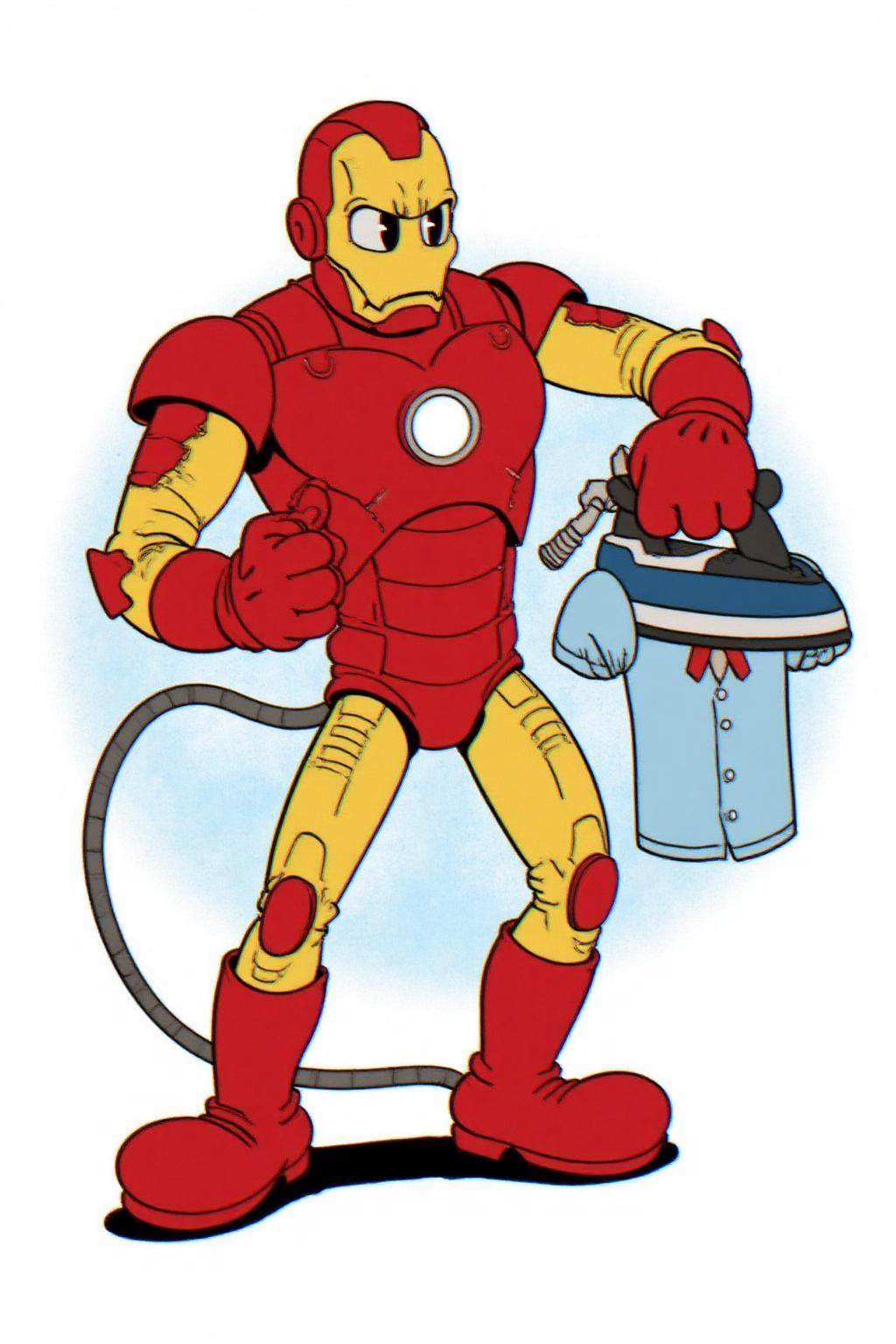 rubber hose animation style.
Iron man from Marvell Comics ironing a shirt. <lora:rubberhose1_cap_d8a4:1.0><lora:844409773475583642:0>