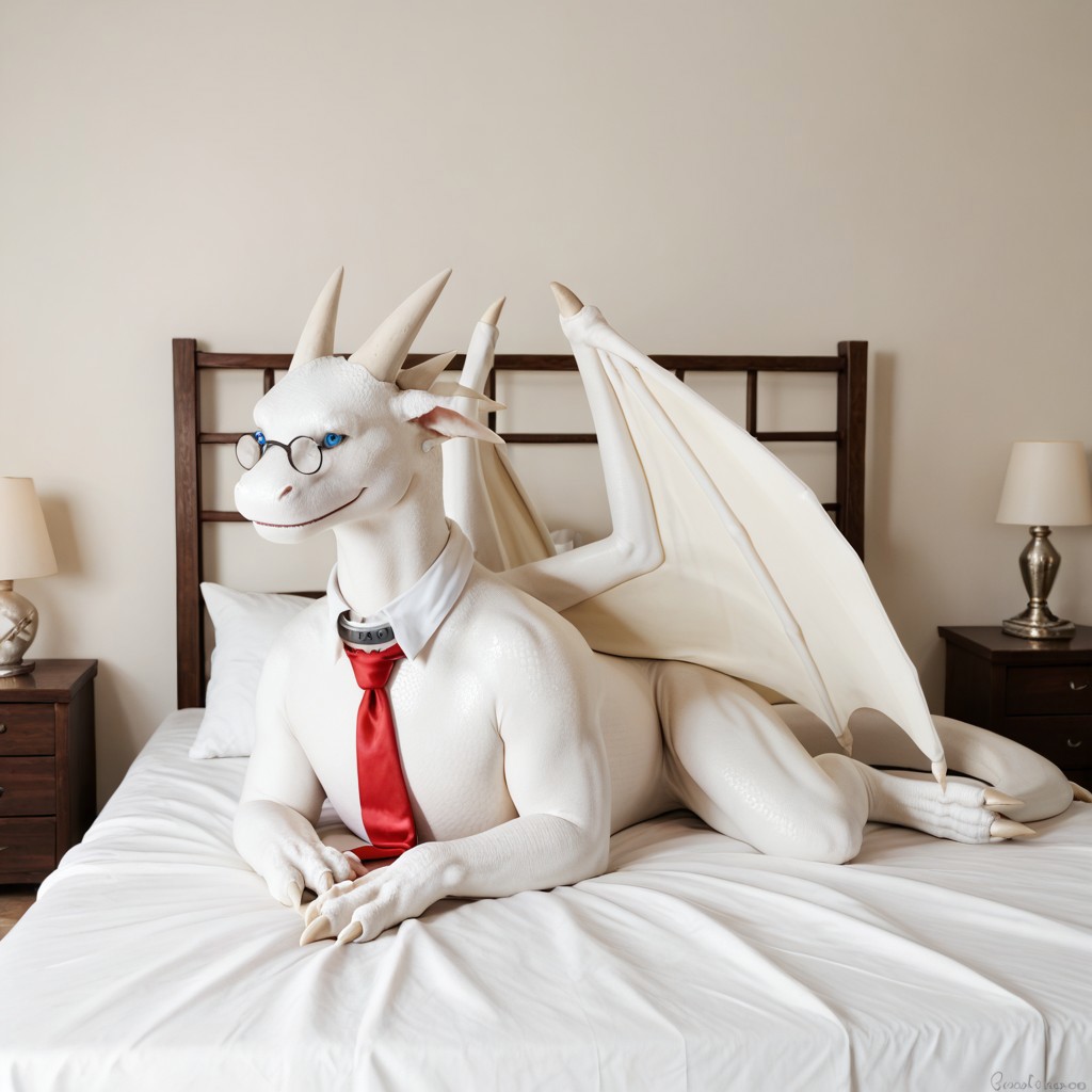 score_9, score_8_up, score_7_up, score_6_up, masterpiece, high quality, realistic, detailed, best quality, 1boy, solo, rating_safe, source_furry, bedroom, white bed, smiling, looking at viewer, friendly, on bed, negative_hand, remy_awsw, dragon, white scales, wings, horns, tail, claws, glasses, red tie, necktie, collar, blue eyes, male, 1boy, feral, (full body:1.2)