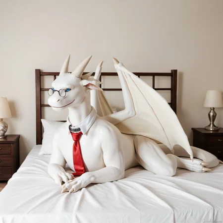 score_9, score_8_up, score_7_up, score_6_up, masterpiece, high quality, realistic, detailed, best quality, 1boy, solo, rating_safe, source_furry, bedroom, white bed, smiling, looking at viewer, friendly, on bed, negative_hand, remy_awsw, dragon, white scales, wings, horns, tail, claws, glasses, red tie, necktie, collar, blue eyes, male, 1boy, feral, (full body:1.2)