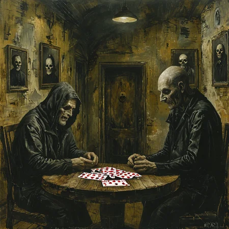 painting of Death and an old man playing cards on a round wooden table in a dark room
 <lora:tbh163-sdxl:1> style of Mike Worrall