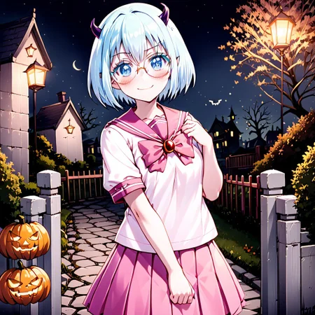 best quality, masterpiece, detailed, Crocell Kerori, smile, closed mouth, light blush, happy, light blue hair, short hair, blue eyes, horns, round eyewear, colored eyelashes, KeroriSchoolUniform, school uniform, serafuku, pink skirt, bow, standing, looking at the viewer, halloween, outdoors, night.