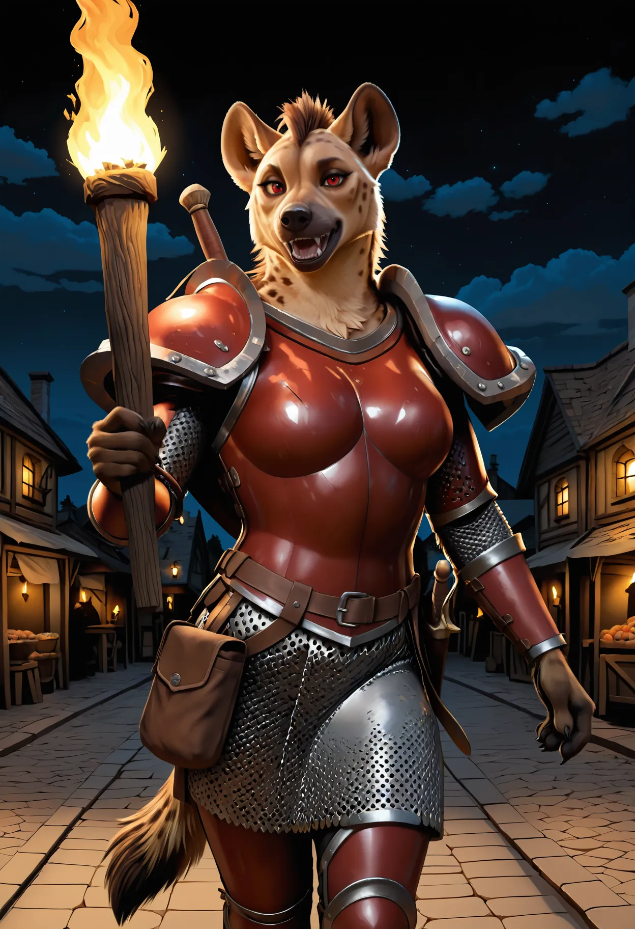 masterpiece, best quality, newest, absurdres, highres, safe, detailed lighting, realistic lighting, photo, realistic, realistic fur, detailed fur, tufts, fluffy, beautiful lighting, dark, high contrast, dark background, BREAK,
solo, gnoll, 1girl, female, tan fur, brown fur, black snout, hyena, holding torch, red armor, metal armor, platemail armor, leg armor, pauldrons, chainmail, shiny armor, leggings, sword on back, looking at viewer, walking, red eyes, medium breasts, medieval village, cinematic, sky, night, stars, warrior, clouds, street, market, cowboy shot, feral, anthro, furry, straps, hip pouch,
, <lora:noobai_ep11_stabilizer_v0.138_fp16:0.8> <lora:Gnollv5Noobs95:1>