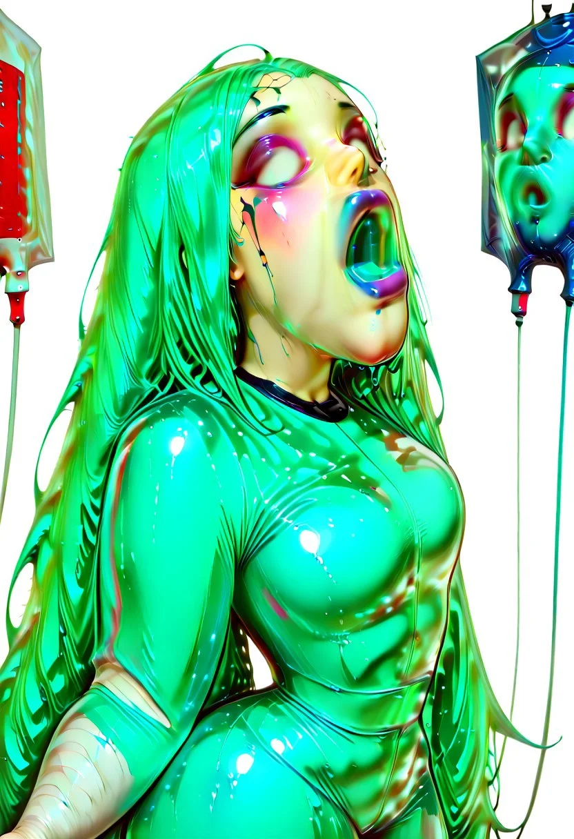 channelstyle, solo, intravenous drip, long hair, hospital gown, bandages, bandaged head, blood, 1girl, aqua eyes, looking at viewer, very long hair, pants, simple background, aqua hair, open mouth, hatsune miku, injury, messy hair, bandaid, empty blood bag, shirt, bandaged arm, cowboy shot, white background, long sleeves, hair down,blue screen of death, glitch,vomiting,
Blue Vomit, masterpiece, best quality, very aesthetic, g0th1c, glowing, neon lights, glowing eyes,, masterpiece, best quality, very aesthetic, easynegative, ltxdoll, (color) dollmask, (color) bodysuit,, covered eyes, covered mouth, covered face,, maskpull, pulling mask,, O-shaped mouth, open mouth, (color) O-ring, (color) inner mouth,, Dollmouth, open mouth, (color) lips, (color) inner mouth,, white eyes, eyebrows, eyeshadow,