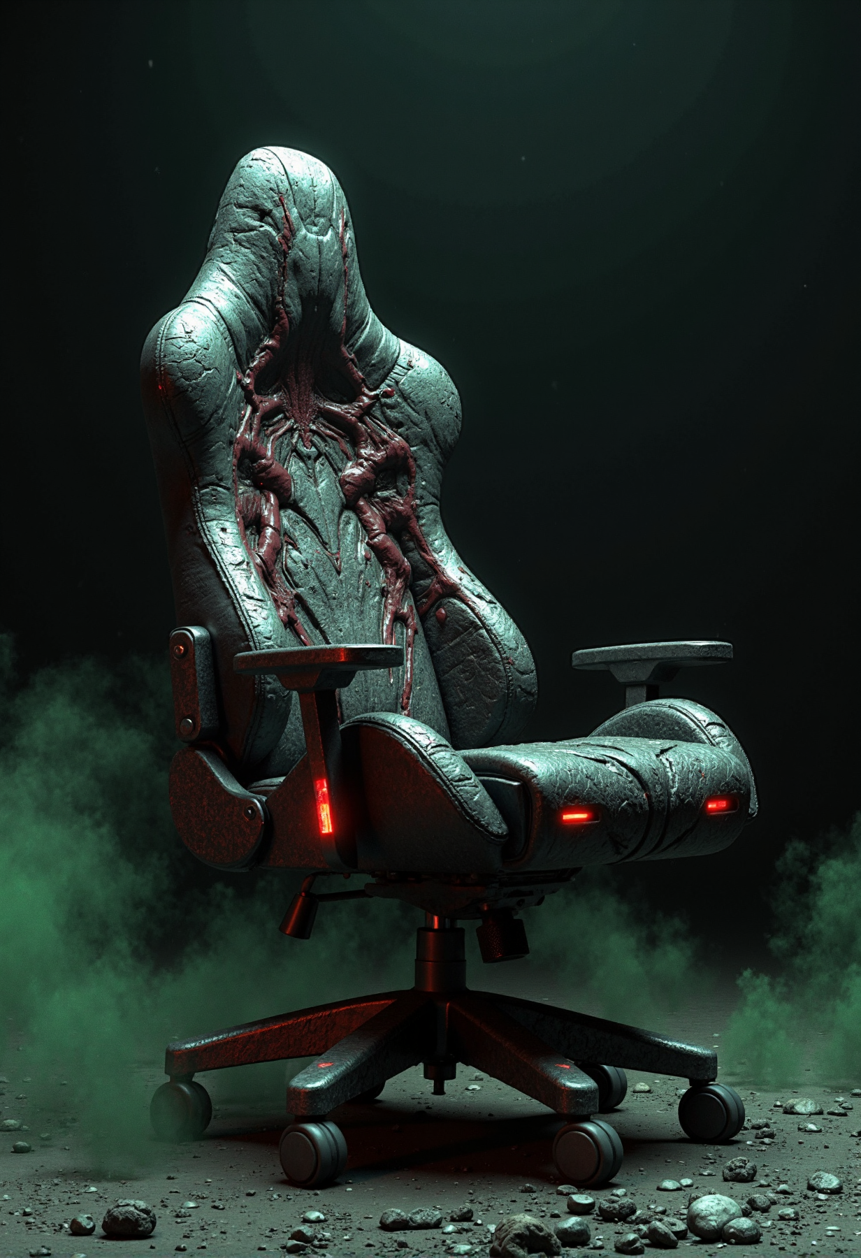 Photorealistic depiction of a gaming chair that embodies corruption and decay. The chair features jagged and distorted forms, with sharp, uneven edges that give it a menacing appearance. Its surface is a chaotic mix of blackened, cracked textures and oozing, tar-like streaks that seem to seep from within. Dark red veins pulsate faintly along its structure, as if the chair is alive with malevolent energy. The background is a pitch-black void, with faint, sickly green mist swirling around the chair. Harsh, unnatural lighting casts eerie shadows, amplifying the sense of dread and malevolence. Coaster on wheels