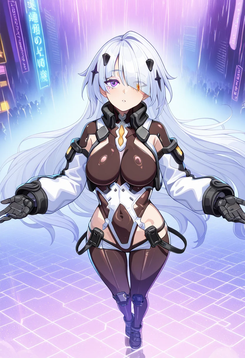1girl, solo, dila ananta, heterochromia, left purple eyes, purple left eye, right orange eyes, orange right eye, white hair, hair over one eye, bodysuit, detached sleeves, diamond hair ornament, black gloves, high collar, choker,
looking up, awe-struck expression, glowing hologram, floating advertisement, bustling crowd, cyberpunk atmosphere, reflective pavement, glowing rain, neon signs, hazy glow, overwhelming scale, ambient lighting
, masterpiece, absurdes, <lora:Character_Dila Ananta:0.777>