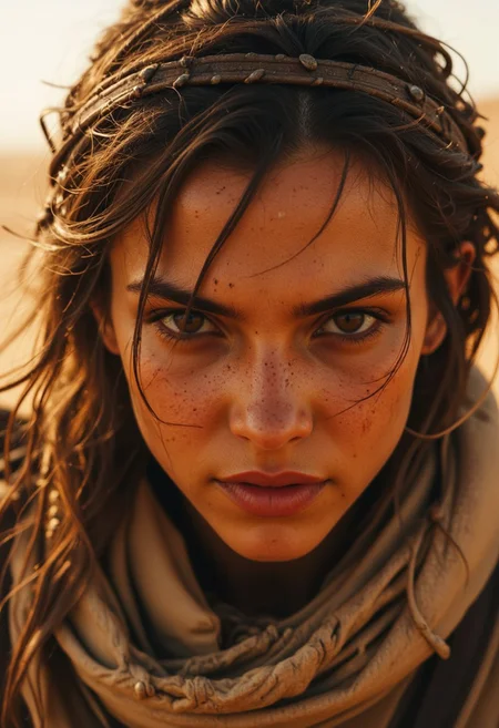 Vibrant Colorful Realistic analog photo, very detailed, hyper detailed, photorealistic, uhd, 4k, the focus of the image is on the Bedouin warrior woman’s face, extreme closeup Face Portrait, intense expression of desperation, sweat and dust covering her weathered skin, eyes filled with exhaustion, Realistic analog photo, awesome, high Quality, photorealistic, atmospheric lighting, volumetric lighting, cinematic, Epic Film Quality. The ancient wooden chest is slung across her back, slightly visible but not the primary focus. Her face tells the story of hardship as she struggles through the harsh desert, each step a battle against the sweltering heat and shifting sands. The warm golden light of the setting sun casts shadows across her face, highlighting the deep lines of fatigue. The surrounding desert dunes stretch far into the horizon, the wind carrying whispers of the desolate landscape. Let her eyes, full of silent determination despite the overwhelming challenge, draw you into the depth of her journey.