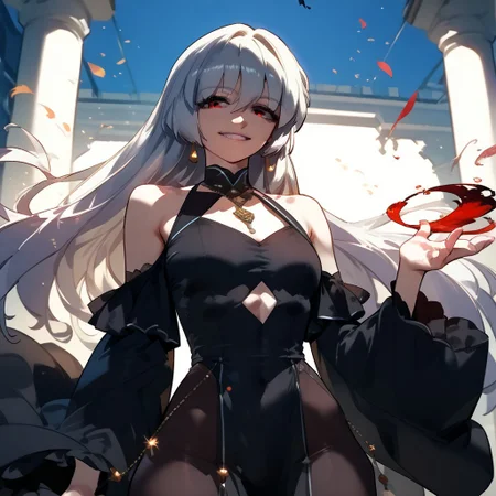 zPDXL3, score_9_up, score_8_up, score_7_up, (Anime_source), 1girl, standing, looking at viewer, smiling, Alice, red eyes, white hair, long hair, Mature-Form, black dress, halter dress, bare shoulders, jewelry, detached sleeves, white sleeves, wide sleeves, stomach cutout, pelvic curtain