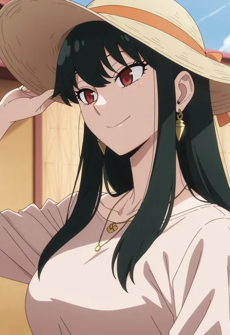 masterpiece,best quality,amazing quality, yor briar, black hair, long hair, red eyes, 1girl, hat, jewelry, earrings, solo, smile, gold earrings, hand on headwear, sun hat, closed mouth, necklace, straw hat, anime coloring