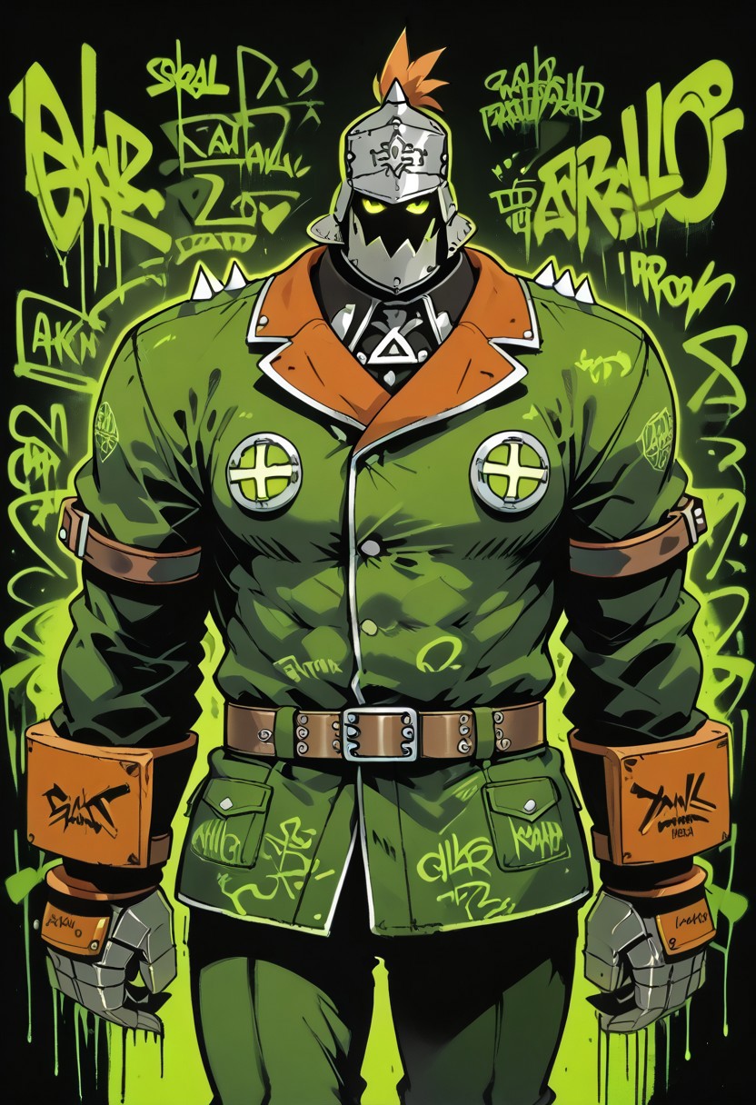 score_9, score_8_up, score_7_up,
source_anime,zPDXL3,
BREAK 
1male,soro,ggstpot, muscular male, helmet, green jacket, spikes,gauntlets,belt,pants,
BREAK 
blgStyle, black background,graffiti, flat lighting, monochrome, 
green theme,brown theme,green outline,
extremely detailed , detailed background,
cowboy shot,
diagonal angle,
looking at viewer