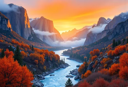 A breathtaking watercolor painting captures a desolate autumnal mountain range - cover partially with a morning fog at sunrise, where fiery oranges and deep umbers dominate the landscape. Wild foliage clashes with jagged rock formations in a deep canyon, their intricate details meticulously rendered in the style of Ash Thorp and Ian McQue. A torrential river in shades of blue, carves its path through the wilderness, its rapids contrasting to the eerie stillness of the scene. The use of color splash adds a dynamic element, emphasizing the raw beauty and solitude of this remote location. This artwork, with its meticulous attention to detail and vibrant hues, creates an immersive experience, inviting viewers to explore the mysteries and wonders of this desolate, autumnal realm.