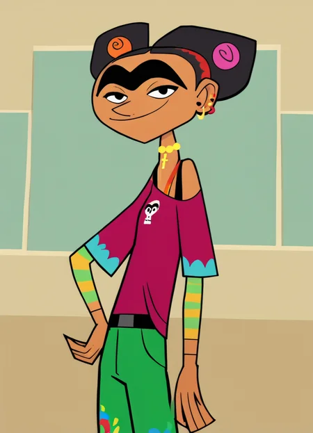 frida, 1girl, unibrow, red headband, jewelry, earrings, double_bun, black hair, hair bobbles, solo, print shirt, black eyes, cross necklace, smile, piercing, green pants, off shoulder, score_9, score_8_up, score_7_up, score_6_up, score_5_up, score_4_up, looking at viewer, hand on own hip, cowboy shot, <lora:FridaCHPony1.0:1>