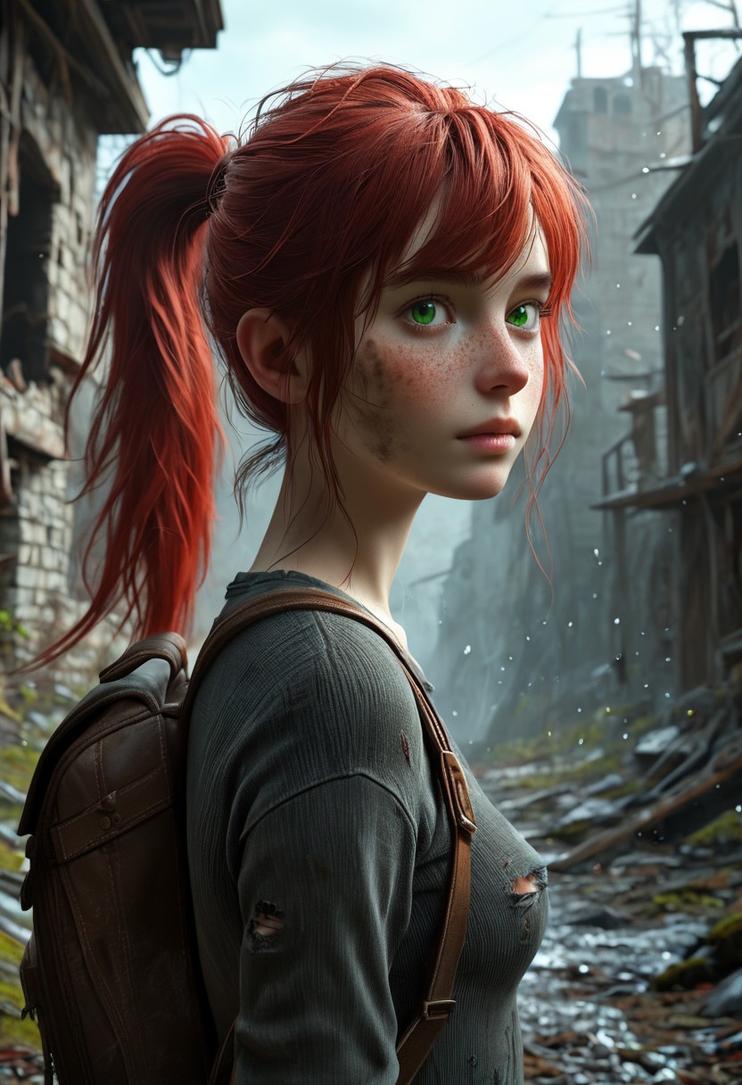 score_9, score_8_up, score_7_up,  1woman,  Masterpiece, 4k, ultra high detail, 21yo, small_breast_size, long red ponytail hair, fcNeg, stunning green eyes, freckles, white skin, small nose, innocent beauty, slim cute face,  skinny body, red hair, 
Alerted look, dry tears, dirty clothes, dirty face, 
 particles, 
Dark sky with stormclouds, ash, falling Ash like dark snow, ruins, wasteland, cityruins, torn gamershirt, torn dirty skinny jeans, dirty clothes, used backpack,
End of the World, 
negative_hand, NightScapes, ng_deepnegative_v1_75t,