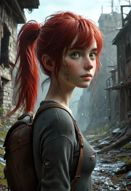 score_9, score_8_up, score_7_up,  1woman,  Masterpiece, 4k, ultra high detail, 21yo, small_breast_size, long red ponytail hair, fcNeg, stunning green eyes, freckles, white skin, small nose, innocent beauty, slim cute face,  skinny body, red hair, 
Alerted look, dry tears, dirty clothes, dirty face, 
 particles, 
Dark sky with stormclouds, ash, falling Ash like dark snow, ruins, wasteland, cityruins, torn gamershirt, torn dirty skinny jeans, dirty clothes, used backpack,
End of the World, 
negative_hand, NightScapes, ng_deepnegative_v1_75t,