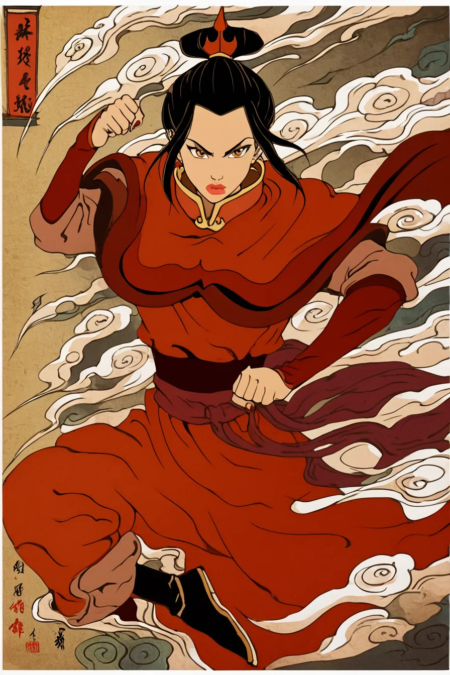 score_9, score_8_up, score_7_up, score_6_up, score_5_up, score_4_up,<lora:azula-book2-ponyxl-lora-nochekaiser:0.8> azula, black hair, brown eyes, topknot, sidelocks, hair bun, single hair bun, chinese clothes, capelet, sash, long sleeves, elbow gloves, <lora:traditional_Japanese_art:1>,  traditional japanese art, 1girl, solo, alone, fighting stance, masterpiece, highres