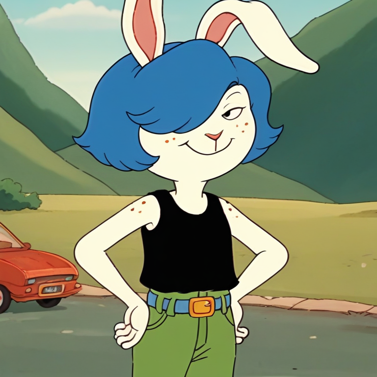 score_9, artstyle2, <lora:artstyle2:1>, rabbit ears, arthur \(style\), furry, retro artstyle, <lora:MarieKankerIllustrious1.0JLFO:0.9>, child, skinny, light skin, short hair, blue hair, 1girl, hair over one eye, black tank top, solo, hand on hip, green pants, belt, smug, freckles, looking at viewer, cowboy shot, outdoors, pickup truck,