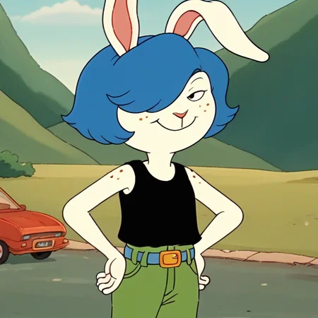score_9, artstyle2, <lora:artstyle2:1>, rabbit ears, arthur \(style\), furry, retro artstyle, <lora:MarieKankerIllustrious1.0JLFO:0.9>, child, skinny, light skin, short hair, blue hair, 1girl, hair over one eye, black tank top, solo, hand on hip, green pants, belt, smug, freckles, looking at viewer, cowboy shot, outdoors, pickup truck,