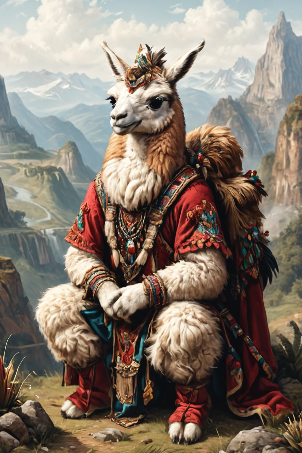 Detailed digital portrait of an anthro Llama (Kneeling thoughtfully, introspective pose) at a AI-controlled world simulating historical epochs, <lora:xl_more_art-full_v1:0.5>,  <lora:The_Crazy_Style:0.7> <lora:anthro_muscular:0.7>