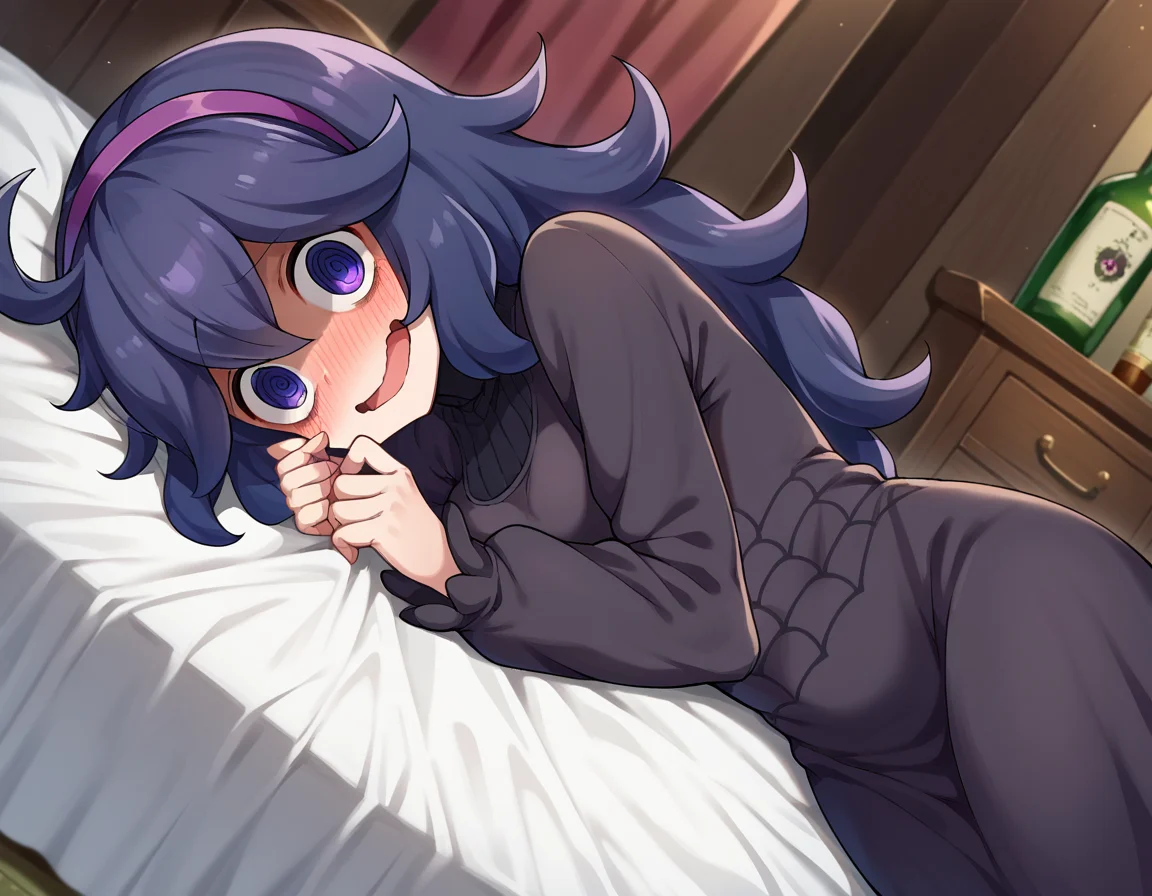 score_9, score_8_up, score_7_up, source_anime,
hexmaniac, <lora:hex-maniac-ponyxl-lora-nochekaiser:1>
hex maniac, hairband, messy hair, purple eyes, purple hair, purple hairband, @ @,
black dress, dress, long dress, long sleeves, juliet sleeves,
indoors, bed, bed room, on side, blush, drunk,
looking at viewer, cowboy shot, dutch angle,