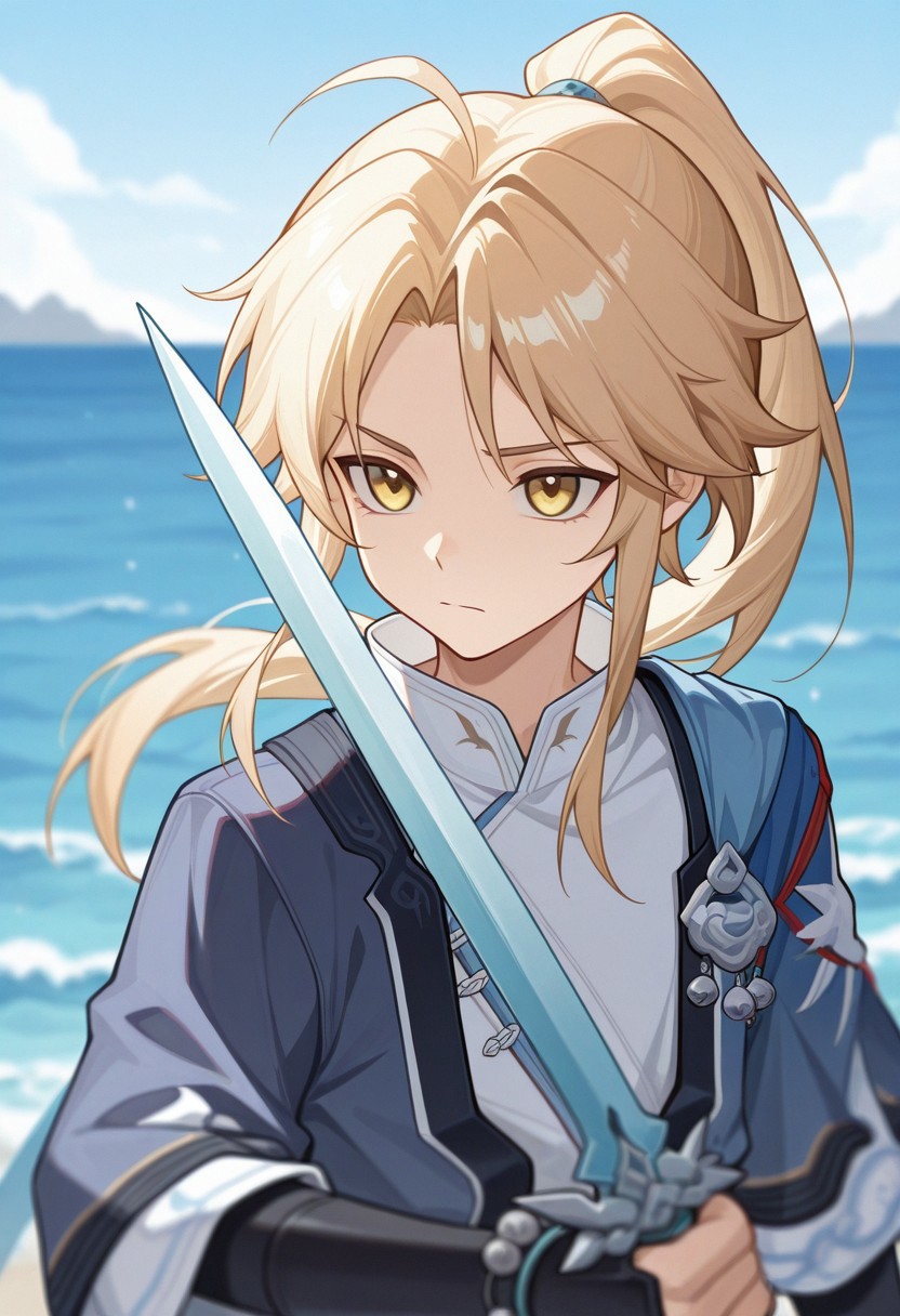 masterpiece,best quality,amazing quality, source_anime, 
Yanqihonk, weapon, sword, 1boy, male focus, holding, solo, holding weapon, holding sword, yellow eyes, ocean, outdoors, closed mouth, upper body, blurry, blonde hair, long hair, ponytail, chinese clothes, shirt, white shirt, kimono, blue kimono,