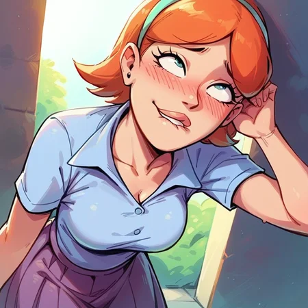 score_9, score_8_up, score_7_up, j3ss1c4, skirt, shirt,short hair, hairband,solo,source_cartoon,biting lip, blush, looking up <lora:j3ss1c4:1>
