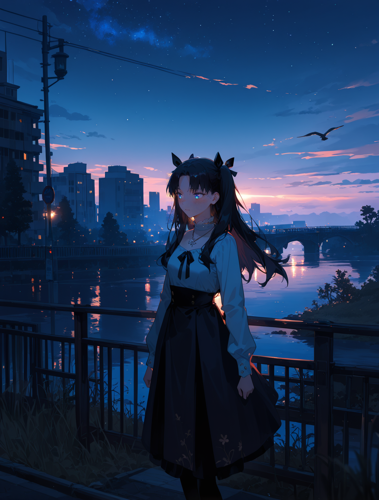 TohsakaRinCYQL,1girl,solo,long hair,black hair,two side up,bangs,parted bangs,ribbon,hair ribbon,black ribbon,blue eyes,Sheath dress, statement necklace,
BREAK
blush,looking_to_the_side,outstretched_arms,,on back,front view,full_shot,
BREAK
sky,scenery,cloud,outdoors,building,ferriswheel,cloudysky,city,night,silhouette,reflection,crane(machine),star(sky),skyscraper,train,animal,nightsky,starrysky,cityscape,trafficlight,powerlines,roadsign,moon,aircraft,groundvehicle,ruins,lamppost,dark,bluesky,bridge,utilitypole,railing,sunset,bird,wideshot,citylights,standing,water,shadow,tower,tree,verywideshot,railroadtracks,shootingstar,grass,plant,fog,twilight,gradientsky,light,neonlights,skyline,post-apocalypse,sunlight,cable,trainstation,glowing,sciencefiction,wind,lights,horizon,bluetheme,fence,leaf,backlighting,blurry,fantasy,lightrays,lensflare,frombelow,
BREAK
<lora:spo_sdxl_10ep_4k-data_lora_webui:0.5>,<lora:illustrious_all_rated_v1:0.6>,<lora:748cmSDXL:0.8>,748cmstyle,<lora:DarkerThanBlackIllustrious:0.5>,<lora:EtherSDXL:0.5>,EtherStyle,,<lora:TohsakaRin_Illustrious by Cyql:1>,
perfect quality,high quality,masterpiece,best quality,amazing quality,very aesthetic,absurdres,newest,