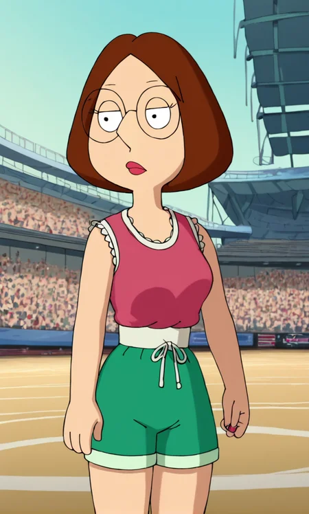 meg_griffin, FamilyGuy_Style, score_9_up, score_8_up, score_7_up, score_6_up, 1girl, solo, brown hair, short hair, glasses, (female-poses), (Sea green)(Printed silk blouse with a draped cowl neck.:1.2), (Light pink)(Paperbag-waist shorts with a flowy silhouette.), (colosseum background:1.2), (look), (expressionless), <lora:FamilyGuy_Style-000014:1>