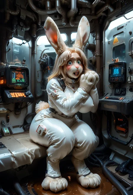 Solo, waist up photograph, futuristic skin-tight spacesuit, A beautiful Scottish woman, petite, red hair, long wavy style, 40 years old, subtle wrinkles around eyes and mouth, solo, human, her eyes are green rabbit eyes, (curvy hips:1.5), short stubby paw fingers, paw pads on fingers and palm, she is looking at her hands, fingernails are rabbit claws, hands are paw like, paw pads on fingers and palm, uneven transformation, her ears are transforming into rabbit ears, her nose is transforming into a rabbit nose, (((her nose is a dark pink rabbit nose))), anthro face, _ANIMAL_ face, _RABBIT_ _EYES_, _RABBIT_ _NOSE_, expresiveh, standing in a futuristic spaceship, blush, freckles, Rabbit teeth, rabbit nose, moist rabbit nose, her nose is textured like a rabbit nose around her nostrils, her top lip is split like a rabbit lip, whiskers are growing from her top lip, biting her bottom lip in confusion, futuristic skin-tight spacesuit, her human ears are hidden by her hair, retroscifi, breast expansion, huge breasts, ass expansion, (thick thighs, digitigrade, bottom heavy, rabbit legs, rabbit feet, rabbit paws),
futuristic spaceship c0rr1d0r, (heavy breath, aroused, trembling, undersized clothing, leaning forward, swirling magic, crackling energy, uiinaba, rabbit_form, hand against face, loss of speech, 1nfl4t4bl3, inflatable transformation)