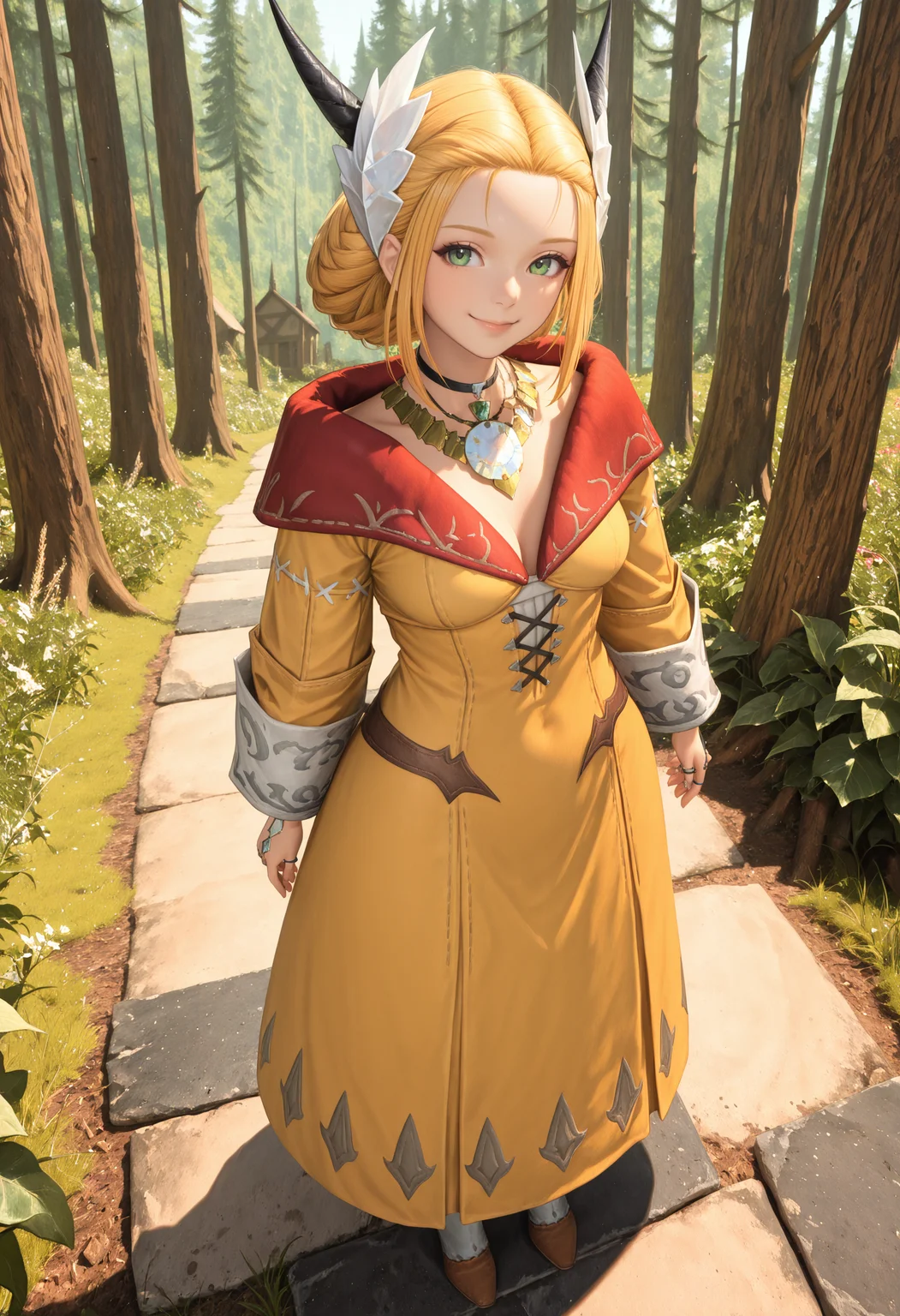 <lora:cfg_scale_boost:.7>,masterpiece, best quality, absurdres, highres, newest, full body, looking at viewer,smile, 1girl, forest, village, fantasy, medium breasts,
kane, blonde hair, medium hair, green eyes, black horns,
white ornament, hair ornament,
black choker, necklace, ring,
red capelet, yellow robe
<lora:Kan_E_Senna_IL:1>