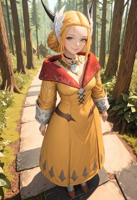 <lora:cfg_scale_boost:.7>,masterpiece, best quality, absurdres, highres, newest, full body,   looking at viewer,smile, 1girl, forest, village, fantasy, medium breasts, 
kane, blonde hair, medium hair,  green eyes, black horns,
white ornament, hair ornament, 
black choker, necklace, ring,
red capelet, yellow robe
 <lora:Kan_E_Senna_IL:1>